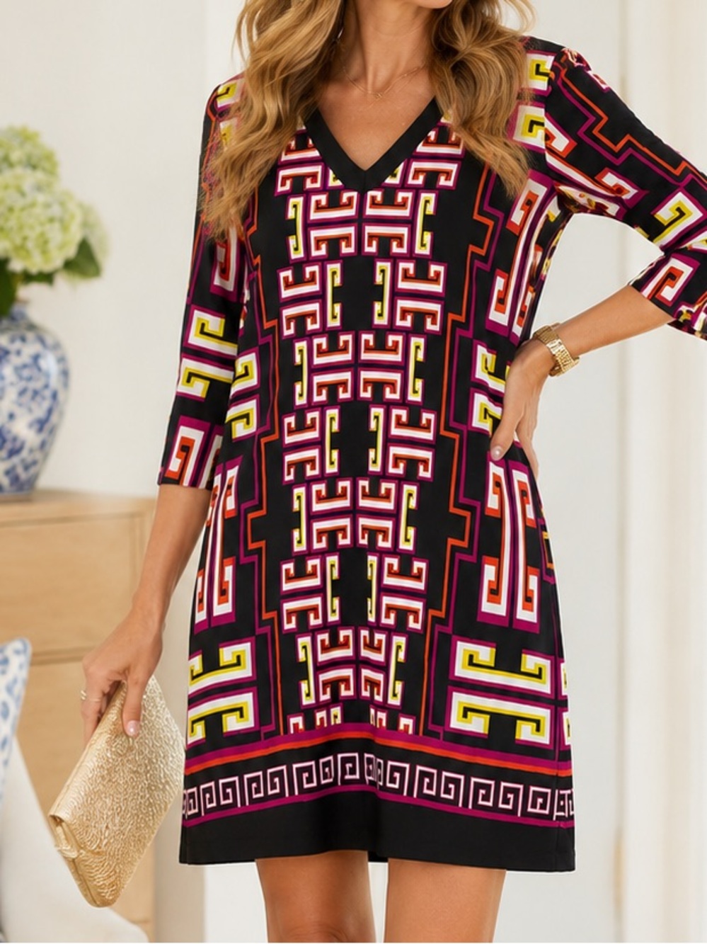 NWT Crown & Ivy Navy + Pink Tunic Shift Dress Greek Key Size 8